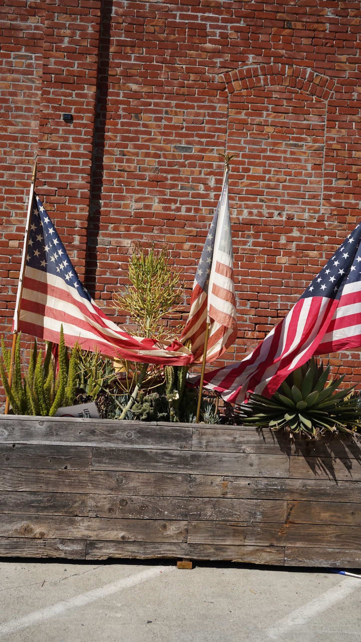 Small American flags planted in a garden bed against a brick wall