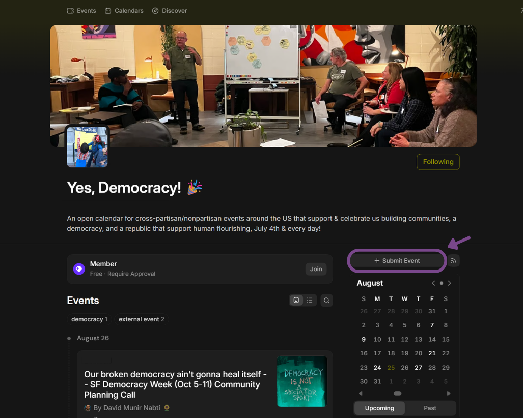 The Democracy Week calendar on Luma with an arrow pointing to the Submit Event button