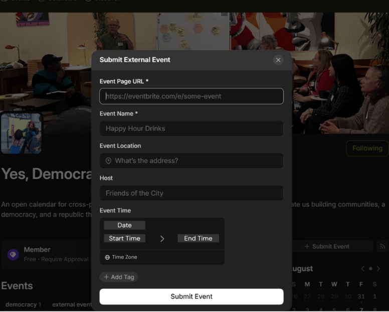 The Luma screen for submitting an event hosted on another website