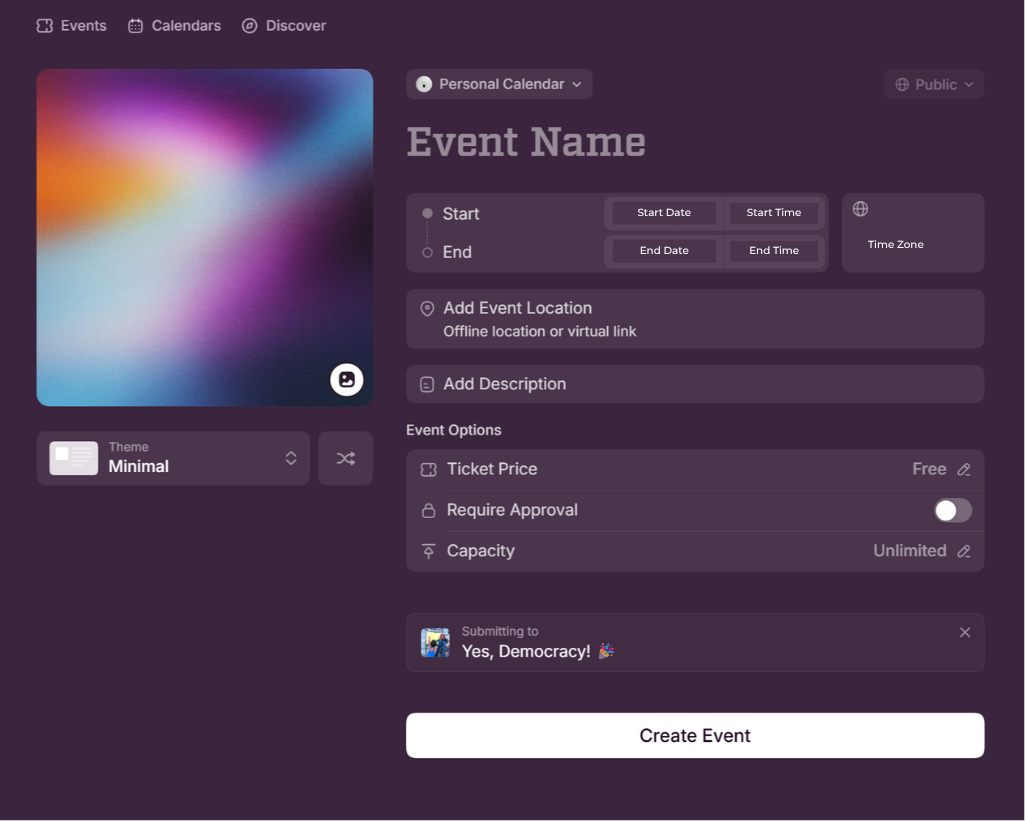 The Luma create event screen, with fields for name, date, location and description
